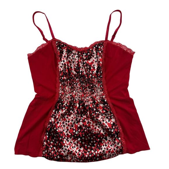 Y2K Red Geometric Print Cami Top Lace Trim Ruched Bust Retro Glam Baddie Large - Picture 1 of 6